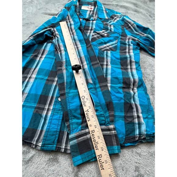 JNCO Crown Brand Mens Large Turquoise Plaid Button-Up Shirt Grunge Y2K Rapper - Picture 6 of 10